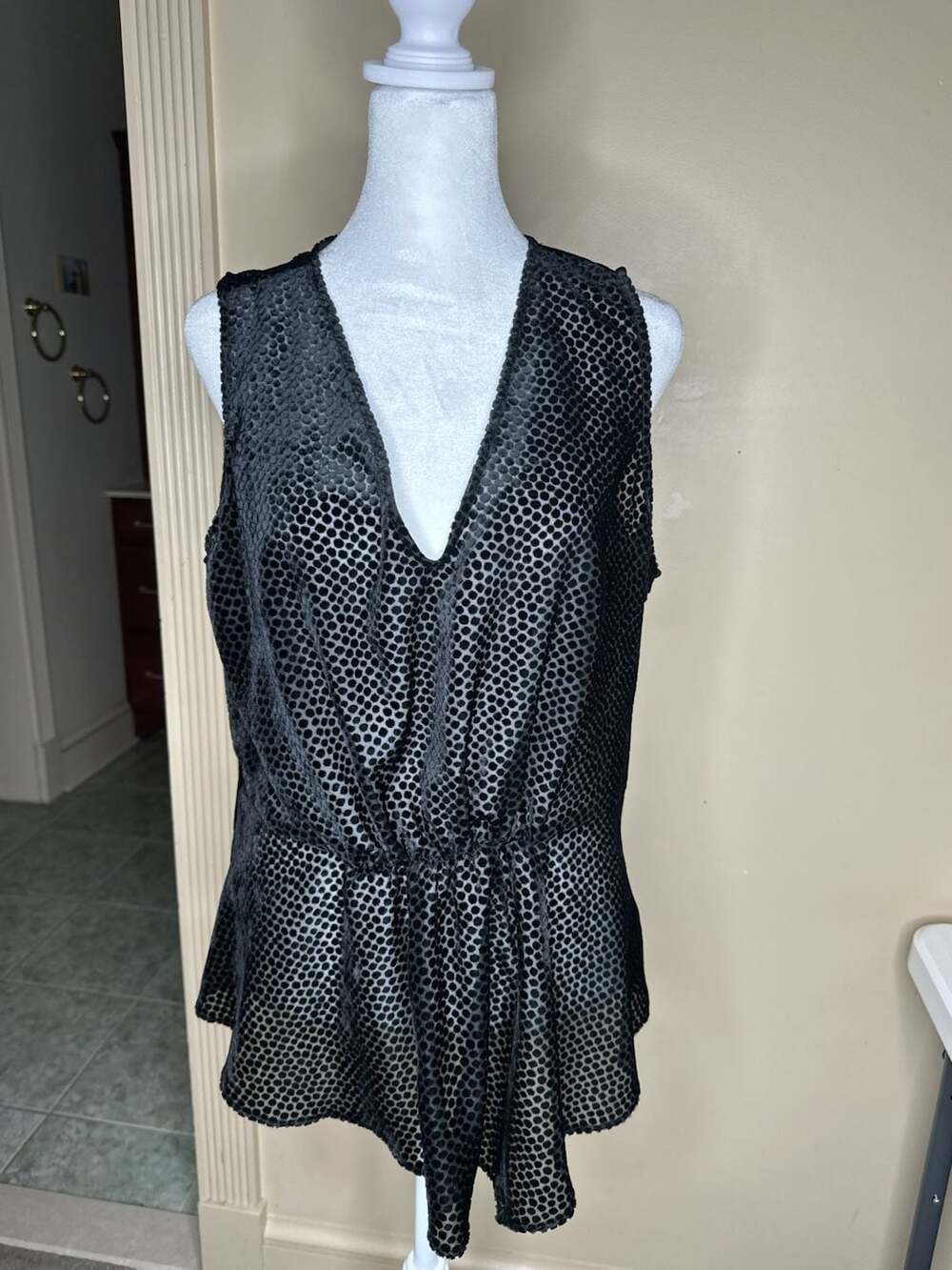 Chelsea28 Size L Black Velvet Dot V-Neck Peplum Blouse